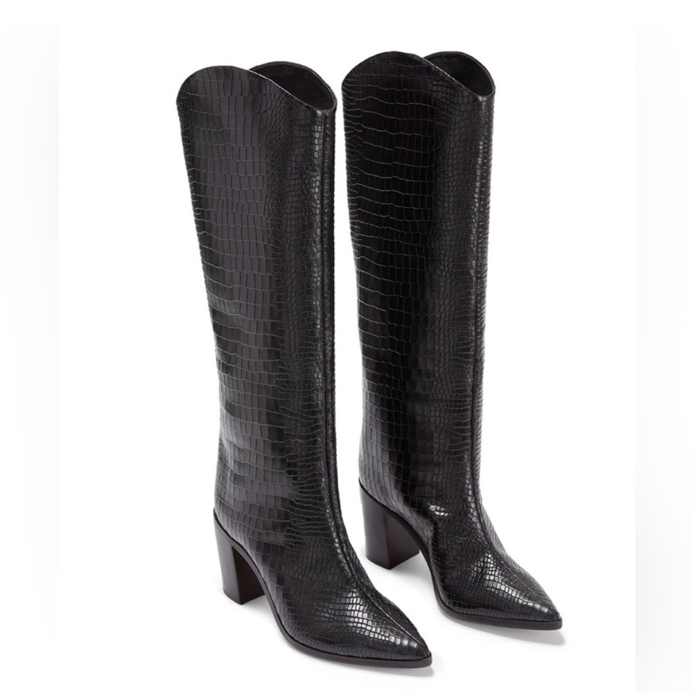 SCHUTZ Analeah Black Croc-Patterned Heeled Boots